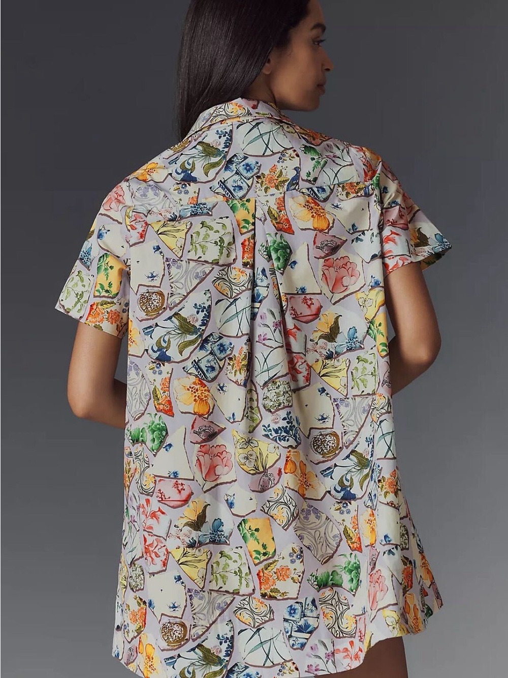 Anthropologie Cream Multicolor Floral Map-Print Short Shirt Dress - Picture 3 of 7